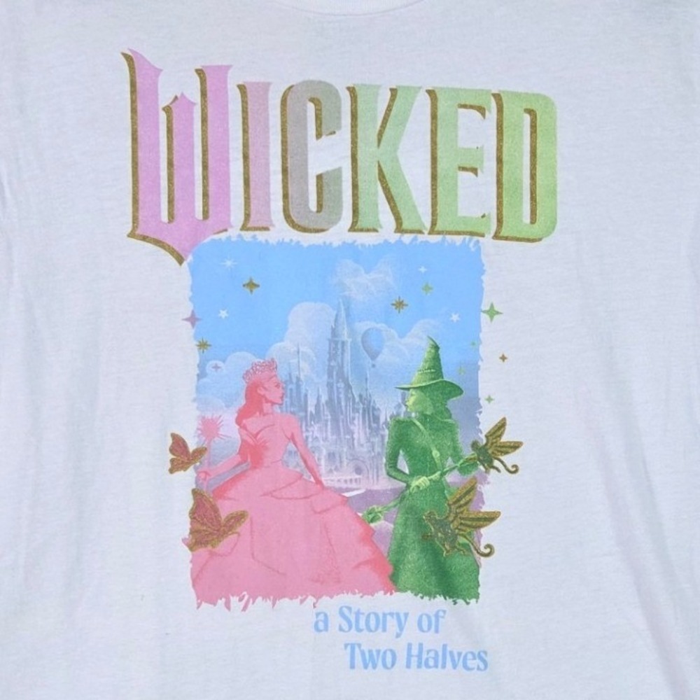 Wicked Graphic T-Shirt Womens XL White Movie Glinda Elphaba Story of Two Halves